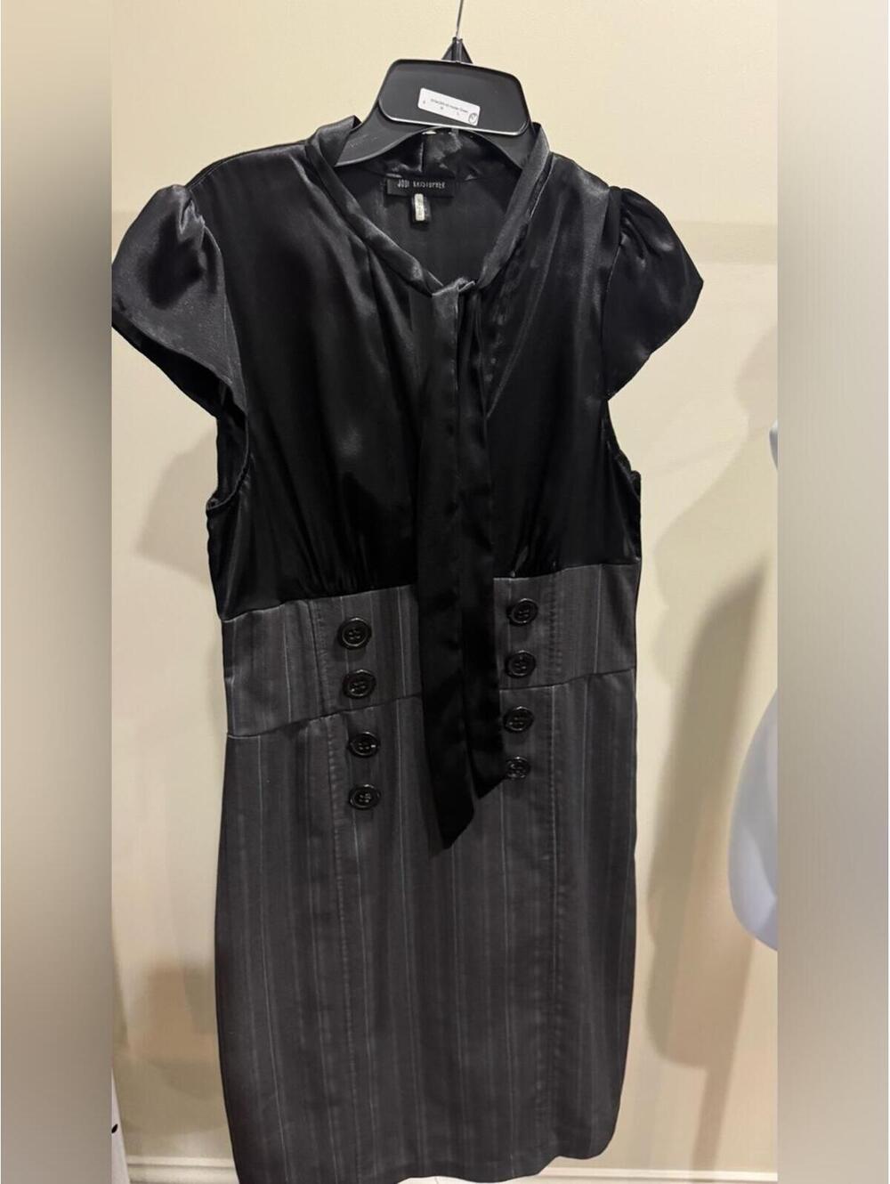 Jodi Kristopher Black Satin & Charcoal Pinstripe Midi Dress